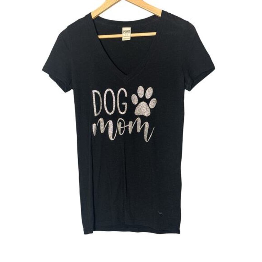 Victoria Secret Pink Dog Mom Black Glitter T-Shirt Size S‎